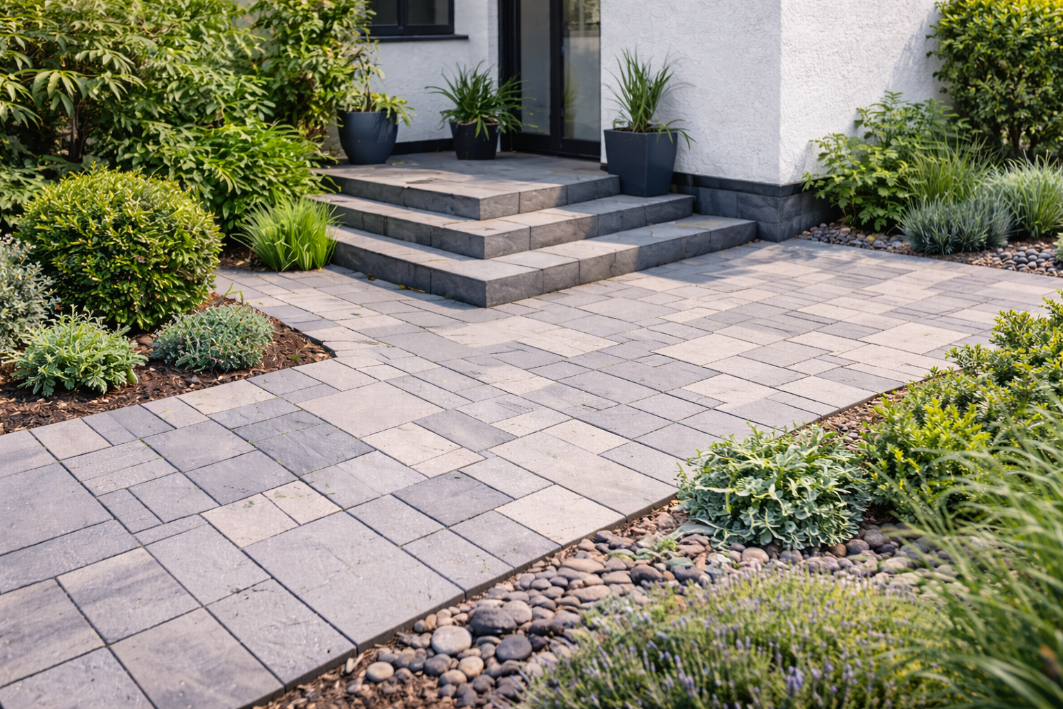 Pflasterarbeiten mit Terrasse und Gartenwegen im Außenbereich