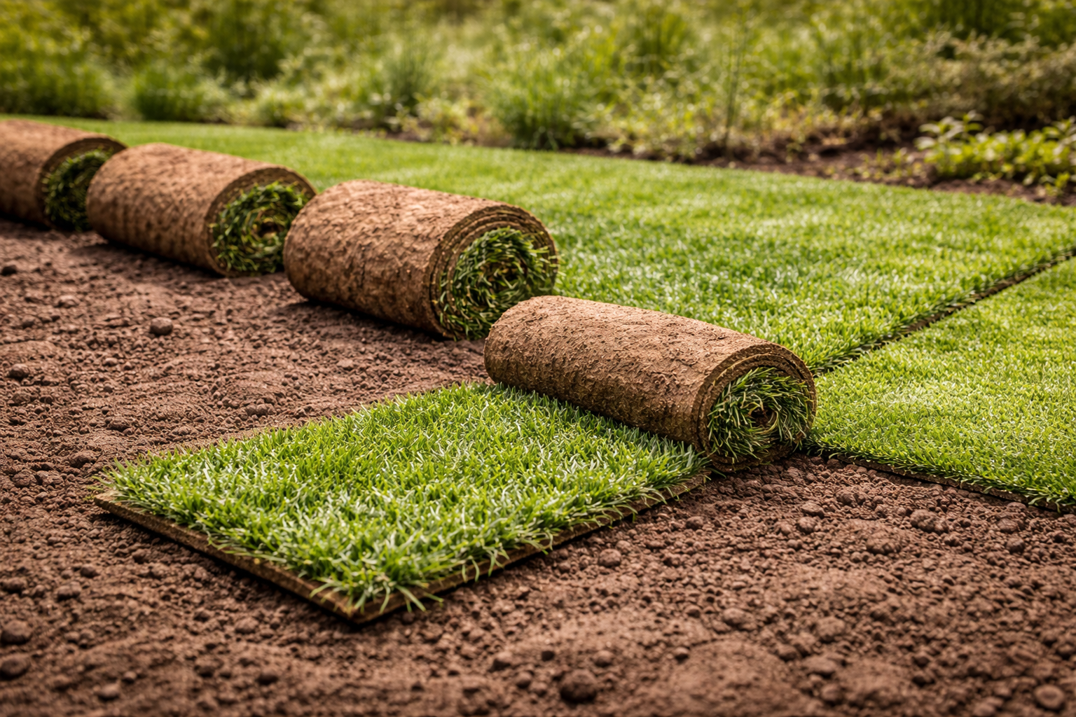 Verlegung von frischem Rollrasen im Garten